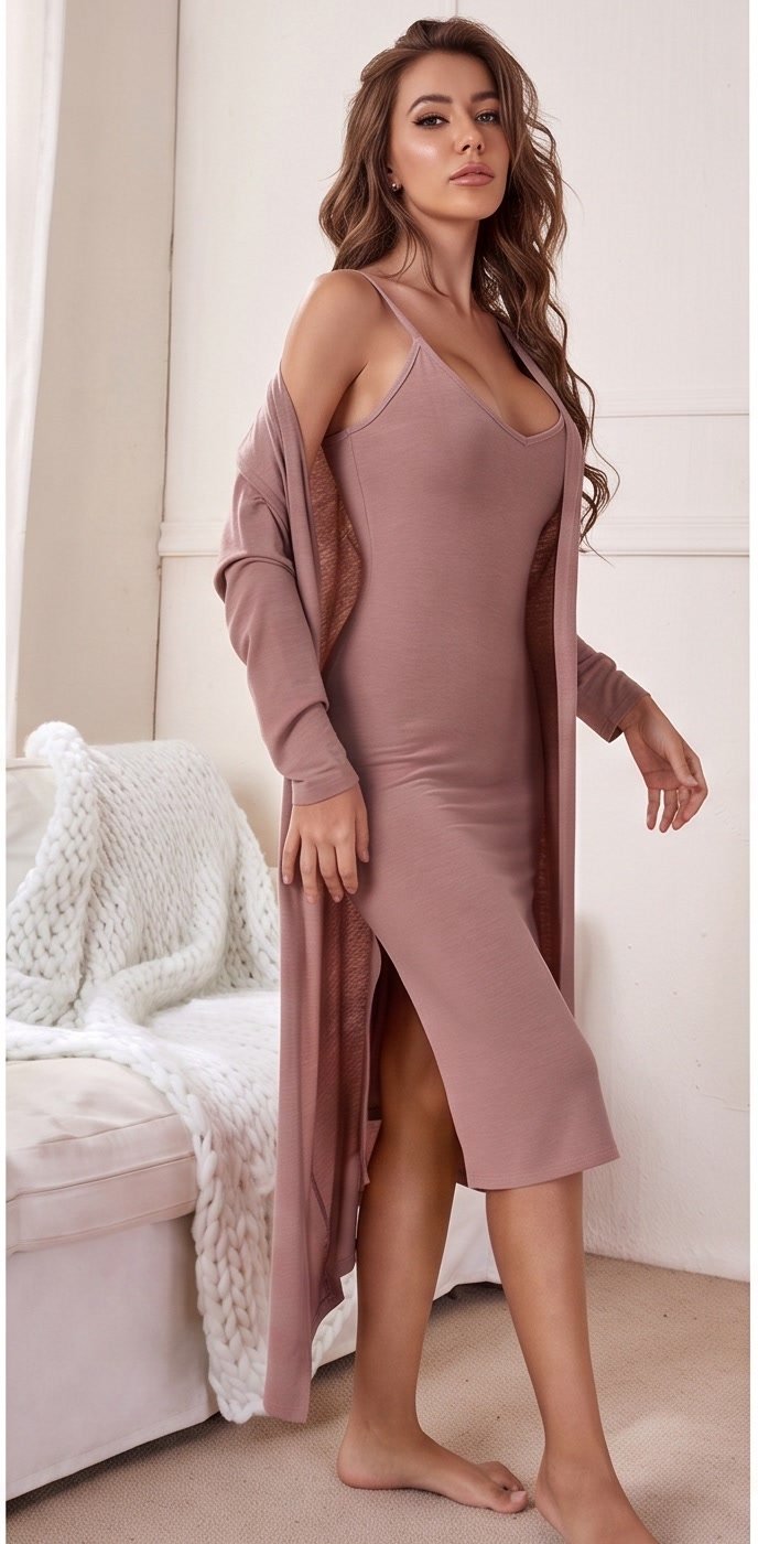 Dusty rose modal slip dress with v-neck and side slit, worn with matching cover-up