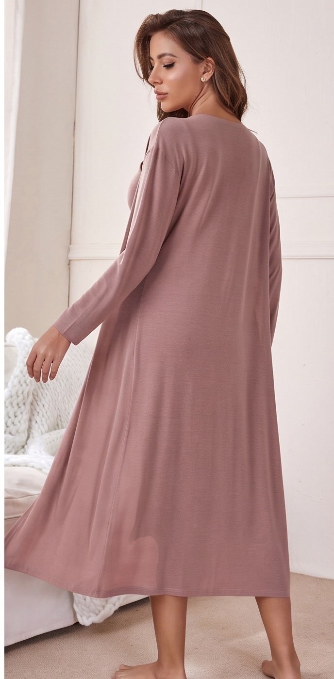 Matching long-sleeve maxi cover-up draped to the floor, back view